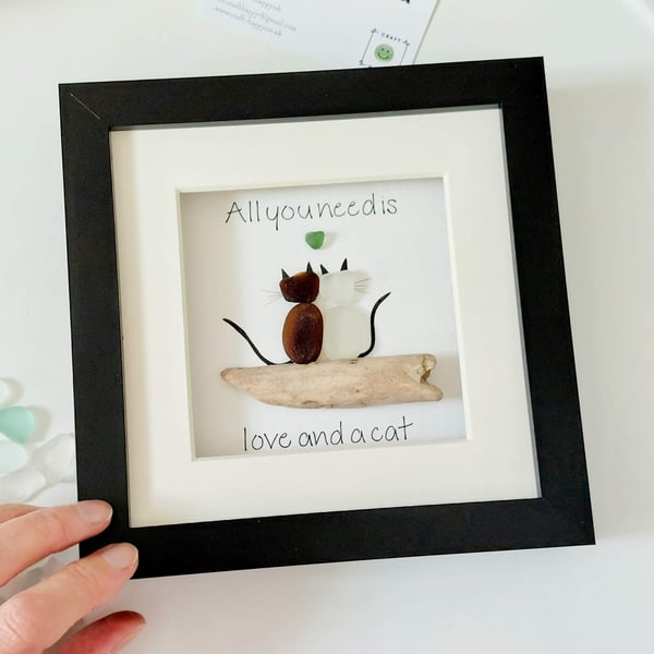 Cat Lover Gift - Sea Glass Cats Art - Framed Pebble Picture for Animal Lovers