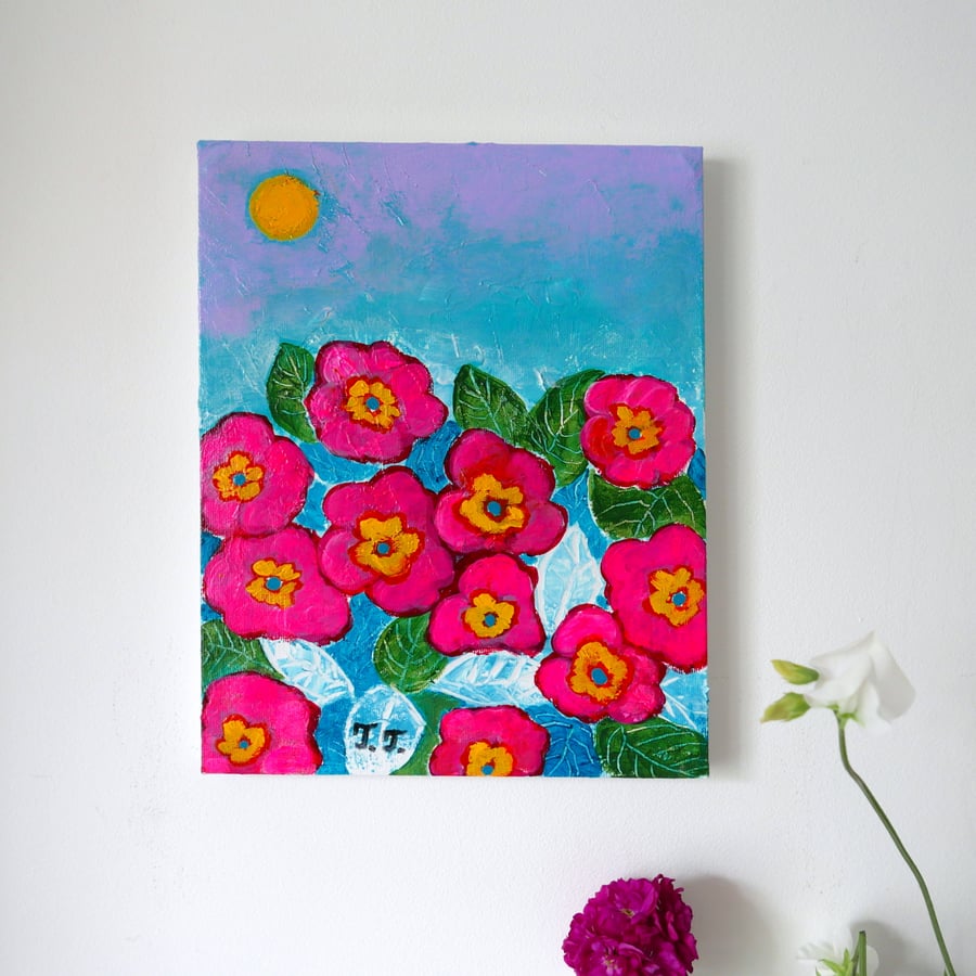 Pink Flowers Original Painting, Primrose Acrylic Artwork, Floral Art