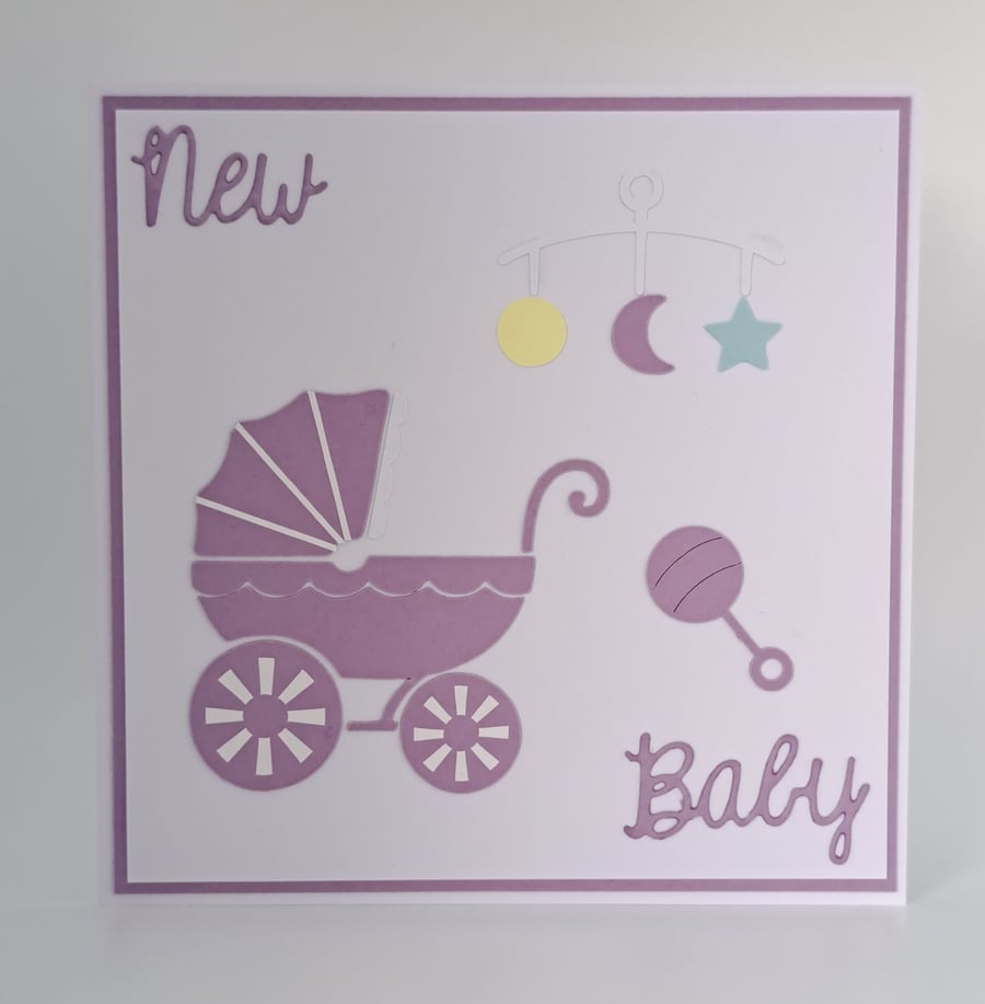 Handmade New Baby Card – Baby Pram - 5 x 5 Inch Square 
