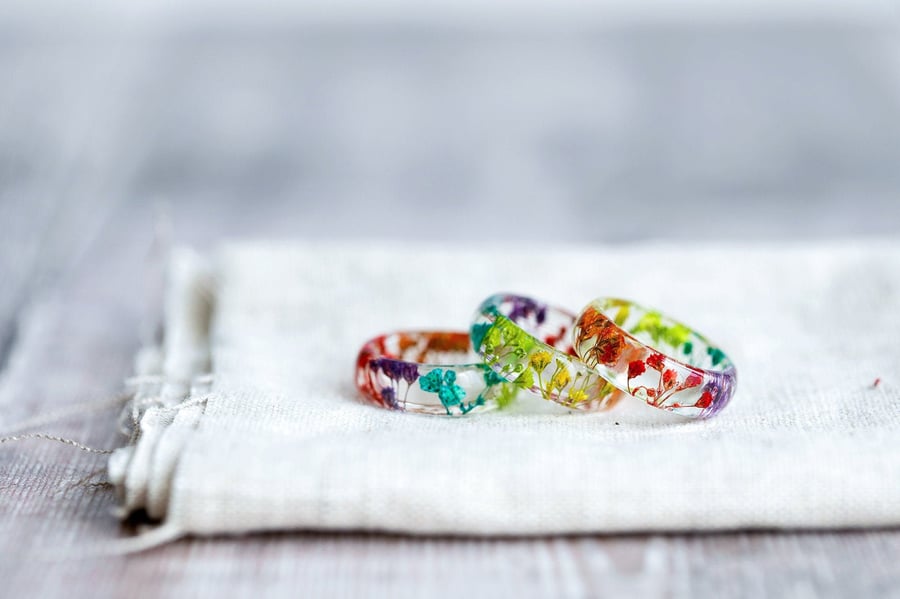 Real Flower Ring Rainbow Gyp Botanical Jewellery Baby's Breath Pressed Flower Ri