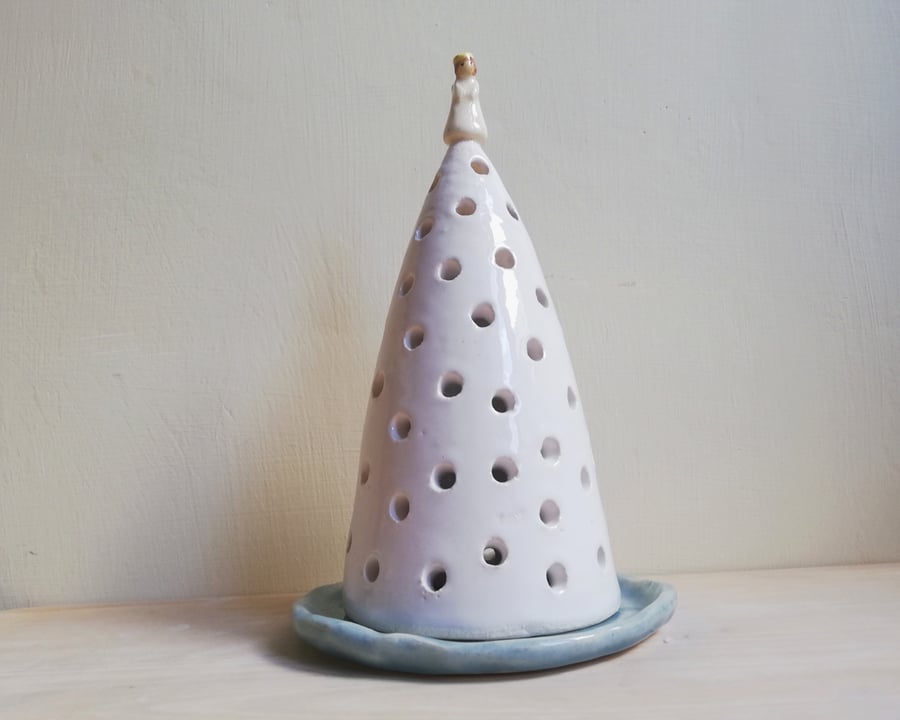 Handmade ceramic Christmas tree & angel tealight white candle holder gift 