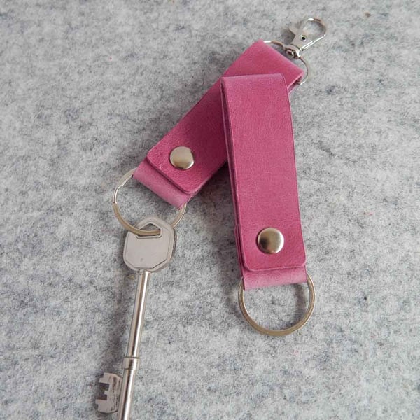 Pink Leather Keyring, Key Fob with optional lobster clip 