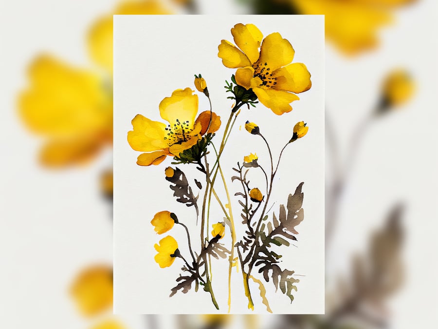 Buttercup Flowers, Watercolor Painting Print, Botanical Art 5"x7"