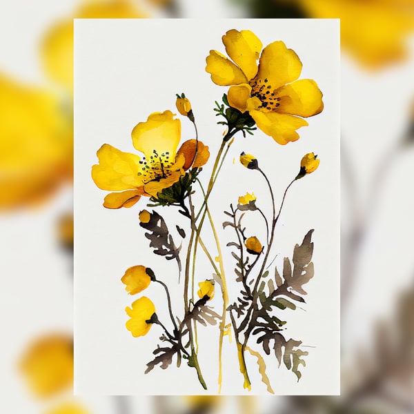 Buttercup Flowers, Watercolor Painting Print, Botanical Art 5"x7"