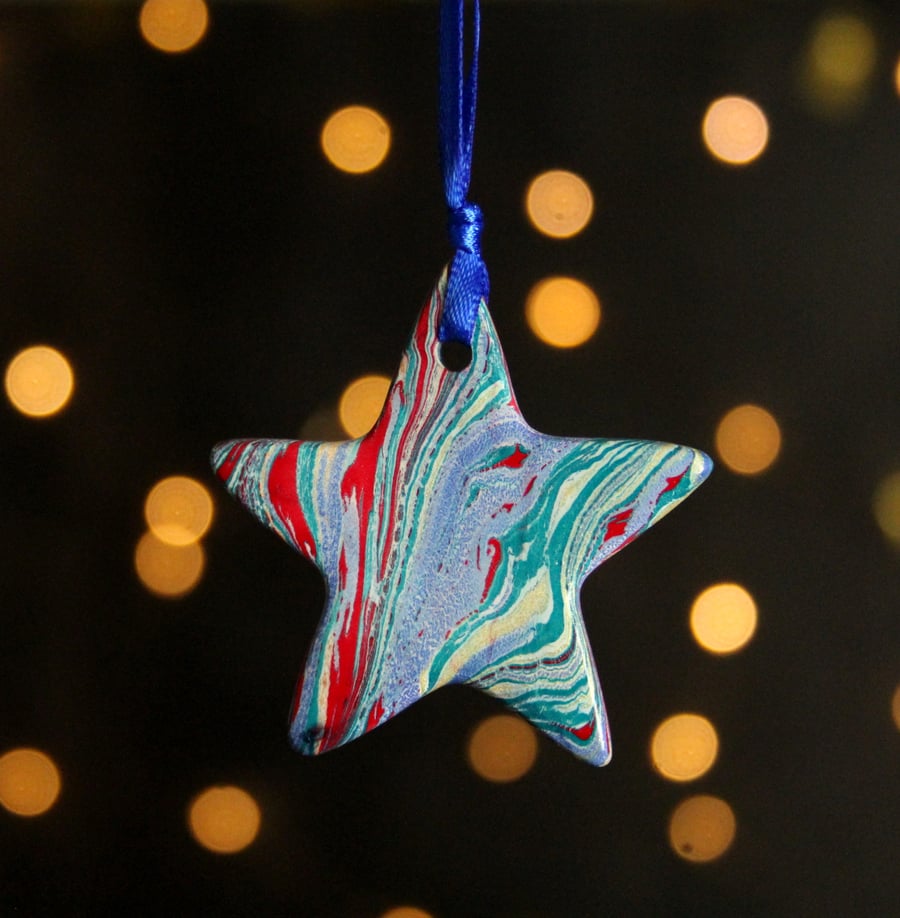 Marbled ceramic star decoration teal crimson gold 