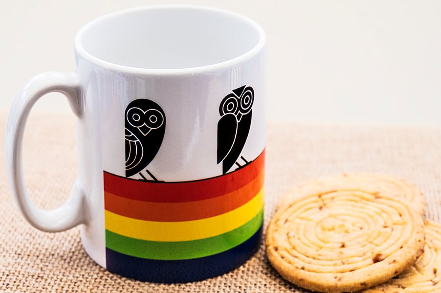 Rainbow Owl Coffee Mug in Aztec style design for Insomniacs Nightowls and LGBTQ 