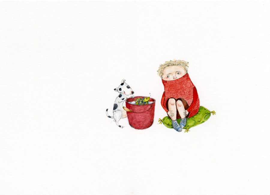 Boy with red bucket Original watercolour