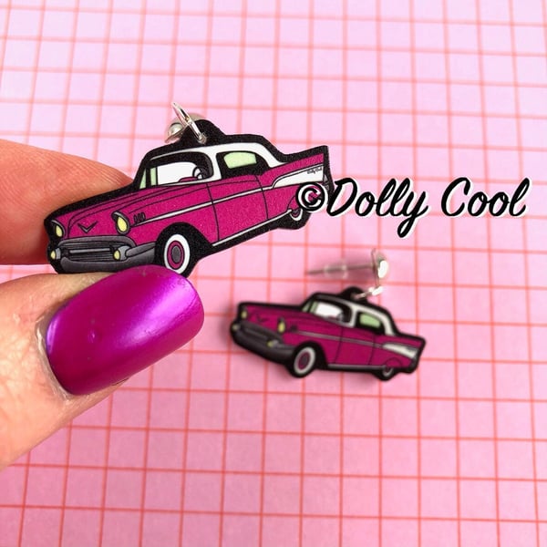 50s Pink Chevy Bel Air Car Earrings by Dolly Cool - Rockabilly - 50s Car - VLV -