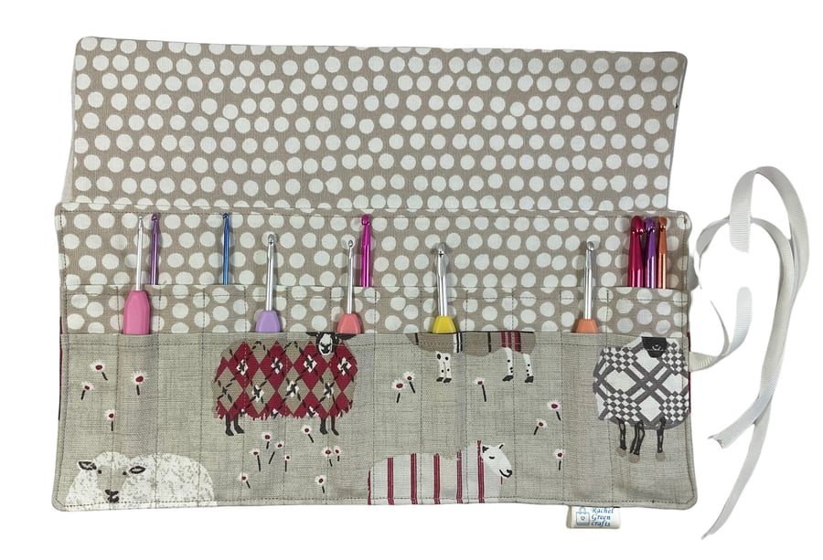 Crochet hook case with red sheep, ergonomic hook organiser, roll up case, Sheep 