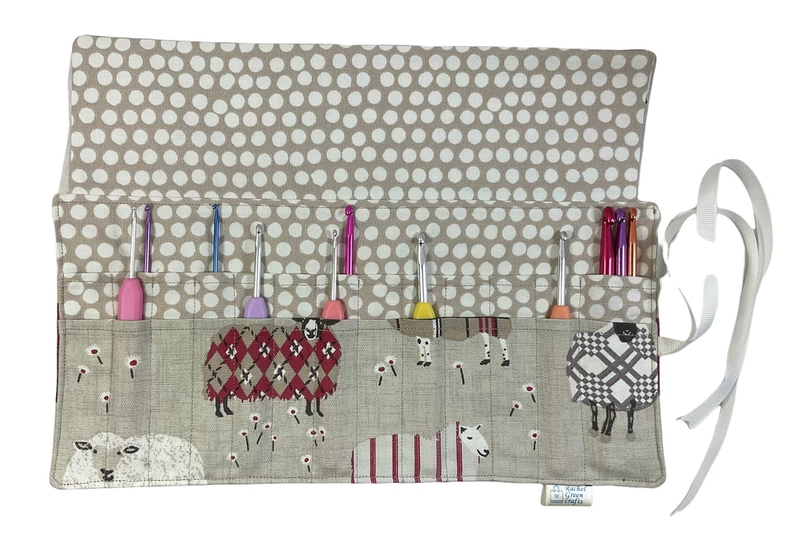Crochet hook case with red sheep, ergonomic hook organiser, roll up case, Sheep 
