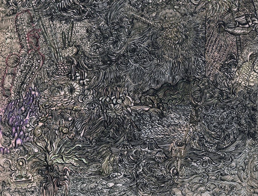 Dystopian Renaissance, Ink drawing on paper, framed