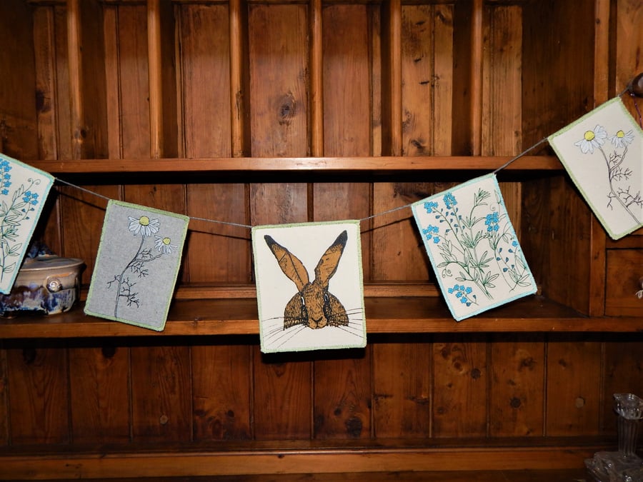 Hare, forget me nots and daisies- Bunting Wall hanging - 82cm