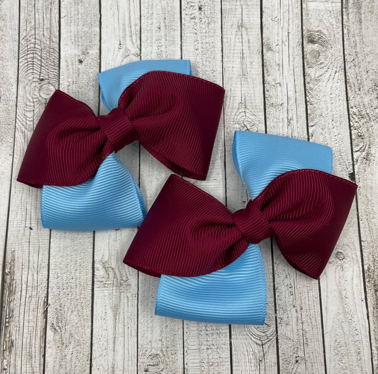 School Wine and Light Blue Diagonal Double with Bows on Clips (pair)