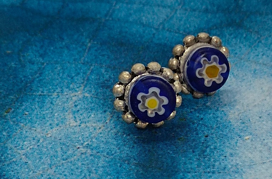 Pretty Stud Earrings with Tibetan Silver and Millefiori Glass