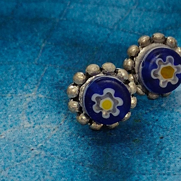 Pretty Stud Earrings with Tibetan Silver and Millefiori Glass