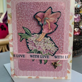 Flower Fairy fluttering on a flower with love Happy birthday card