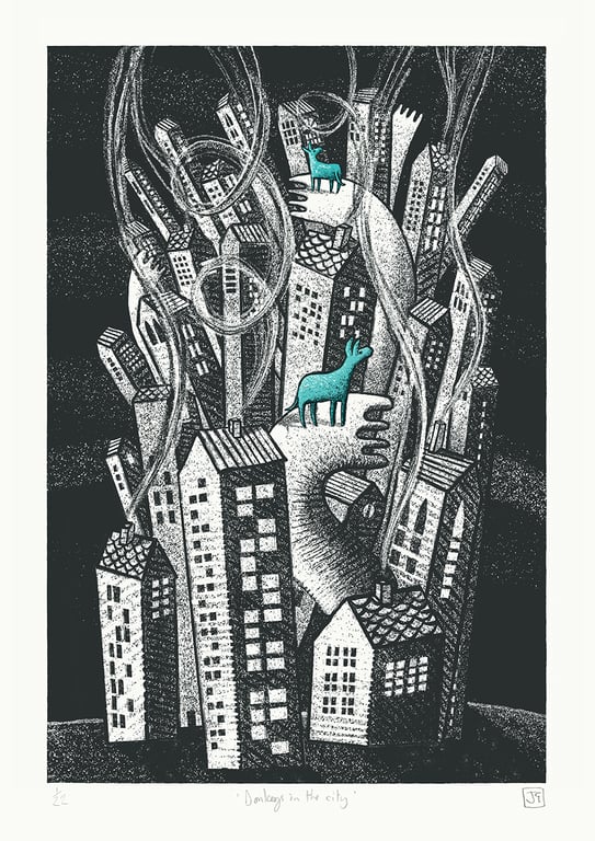 Donkeys In The City A3 two-colour screen-print