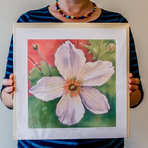 White Flower Art Print - Wild Swan Anemone, retro style, Georgia O'Keefe style 