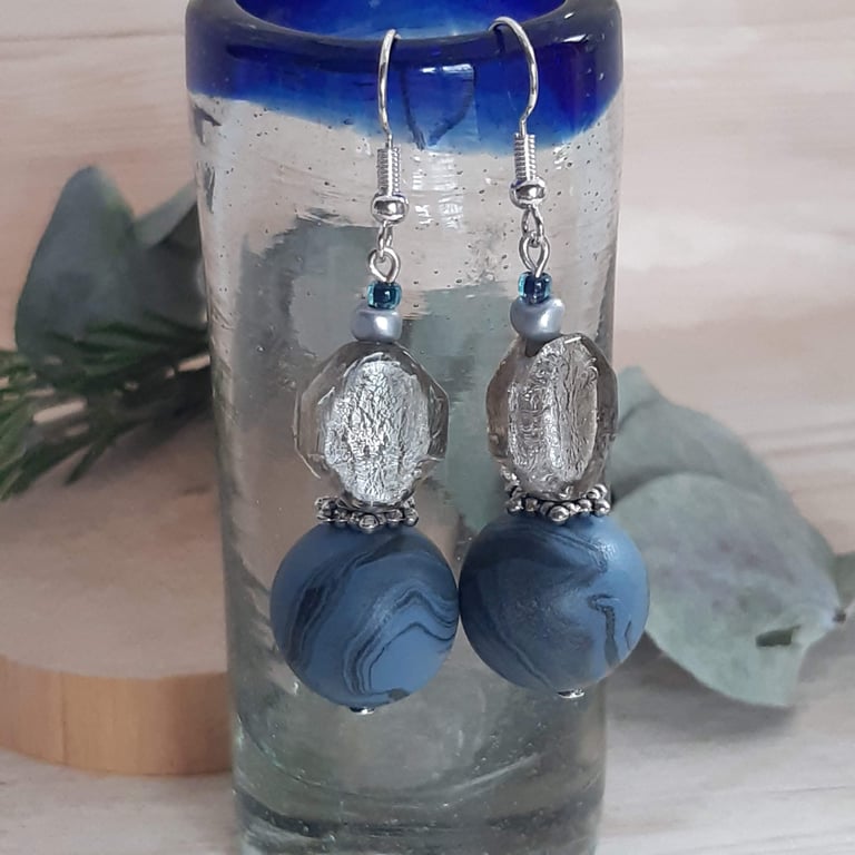 Airforce blue and smoky grey  handmade dangly earrings