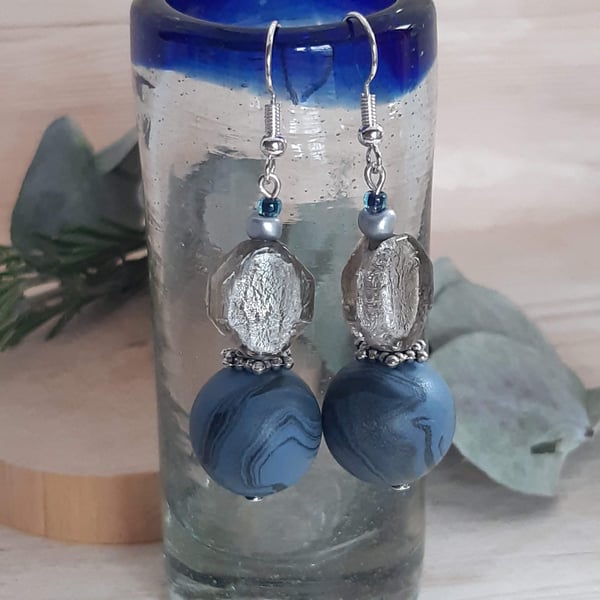Airforce blue and smoky grey  handmade dangly earrings