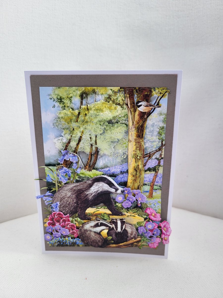 Birthday card, Badger themed card,  decoupage badger card, 