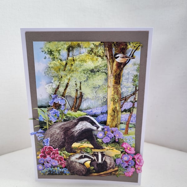 Birthday card, Badger themed card,  decoupage badger card, 