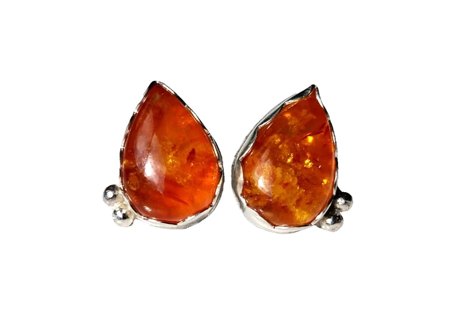 Handmade Baltic Amber Teardrop Stud Earrings in Fine Silver & Sterling Silver