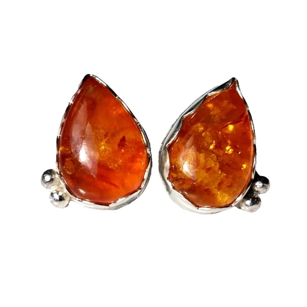 Handmade Baltic Amber Teardrop Stud Earrings in Fine Silver & Sterling Silver