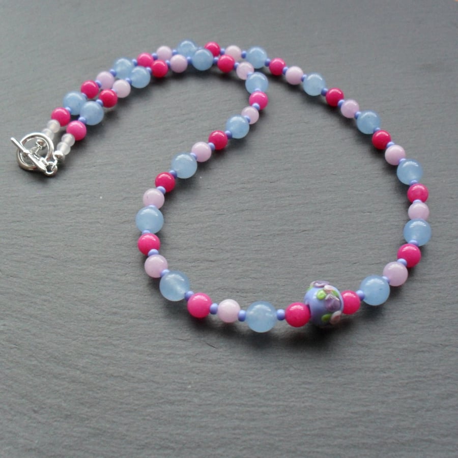 Blue,Lilac and Deep Pink Necklace With Handmade Lampwork Glass Bead
