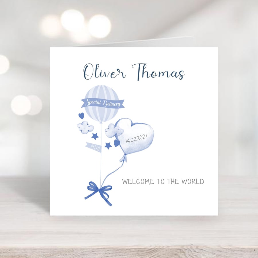 Personalised New Baby Boy Card - Watercolour Balloon design