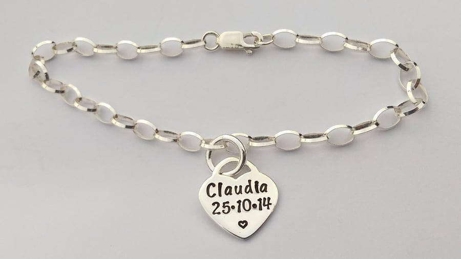 Hand stamped personalised sterling silver tiffany style heart bracelet
