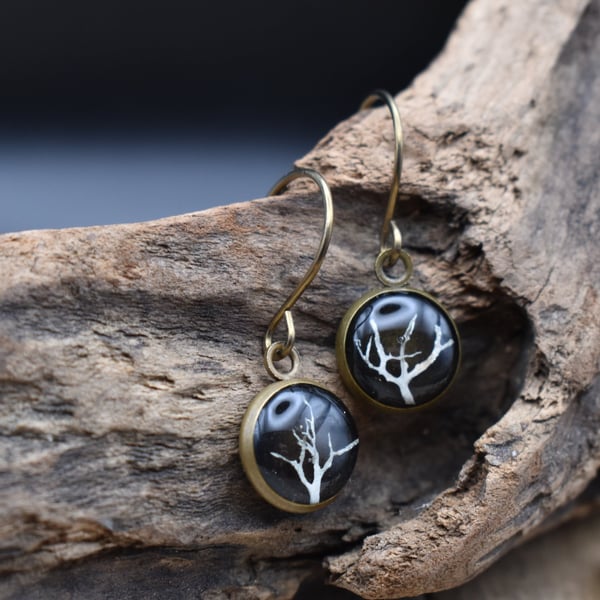 Hypoallergenic Real Lichen Resin Earrings, Titanium Ear Hooks, Black