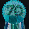 Birthday badge-Rosette - Turquoise - 70th Birthday design - floral