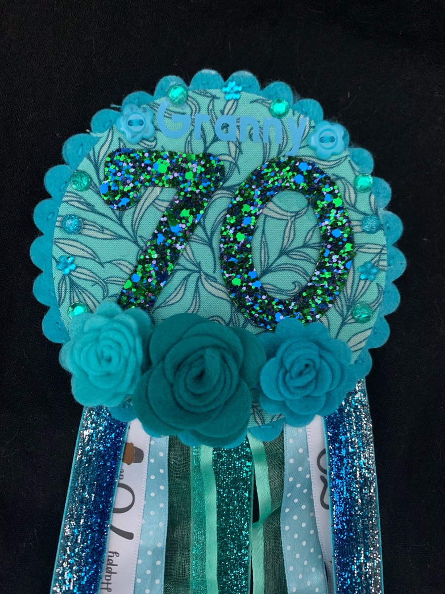 Birthday badge-Rosette - Turquoise - 70th Birthday design - floral