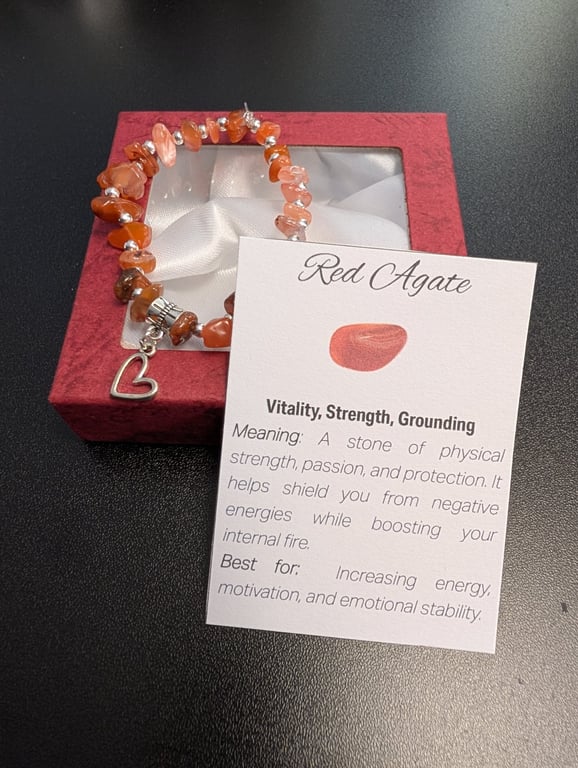 Red Agate Gemstone Bracelet with heart charm and meaning card 
