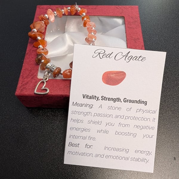 Red Agate Gemstone Bracelet with heart charm and meaning card 
