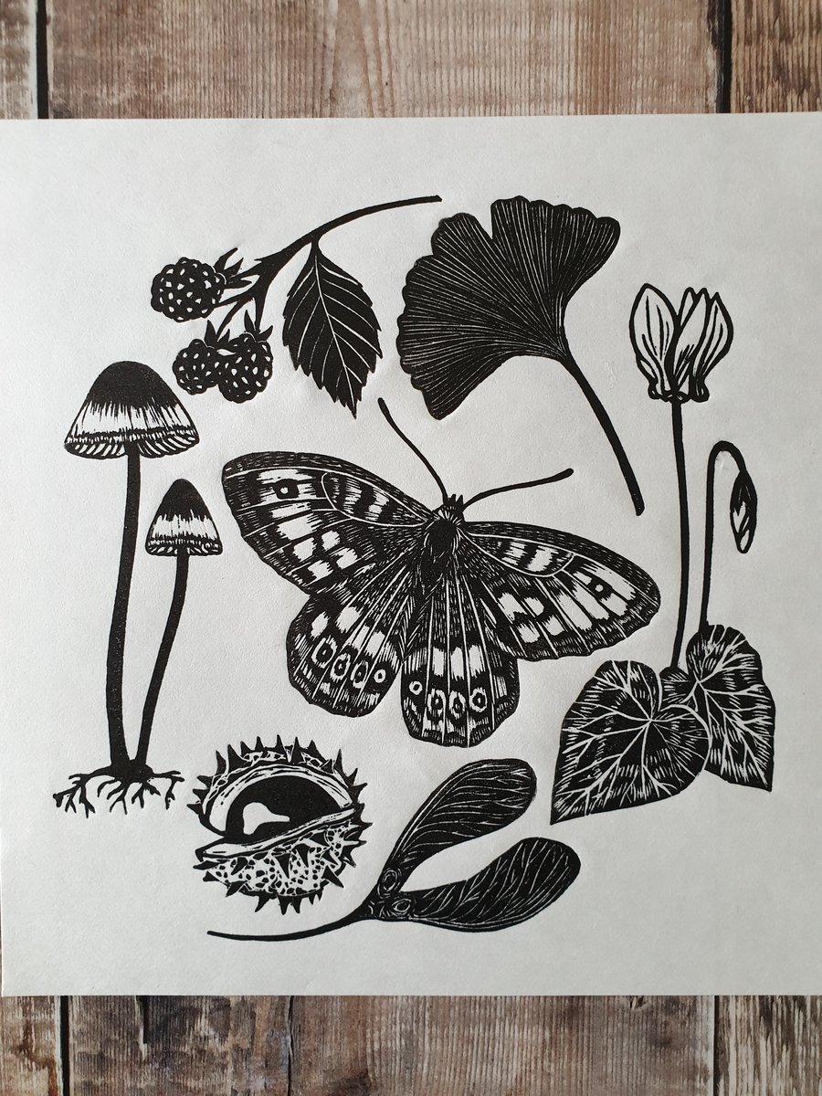 Autumn Nature Walk Linocut Print - Botanical Autumn linocut 