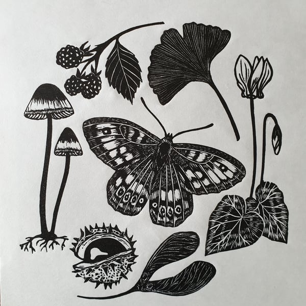 Autumn Nature Walk Linocut Print - Botanical Autumn linocut 