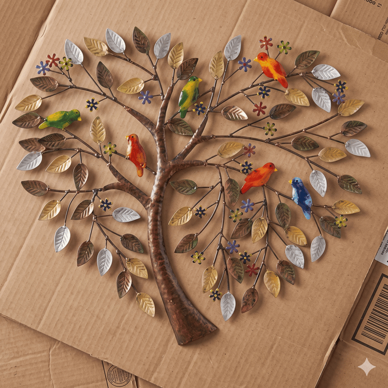 Heart Shaped Tree of Life Metal Wall Art, 60cm Bird Flower Sculpture Decor