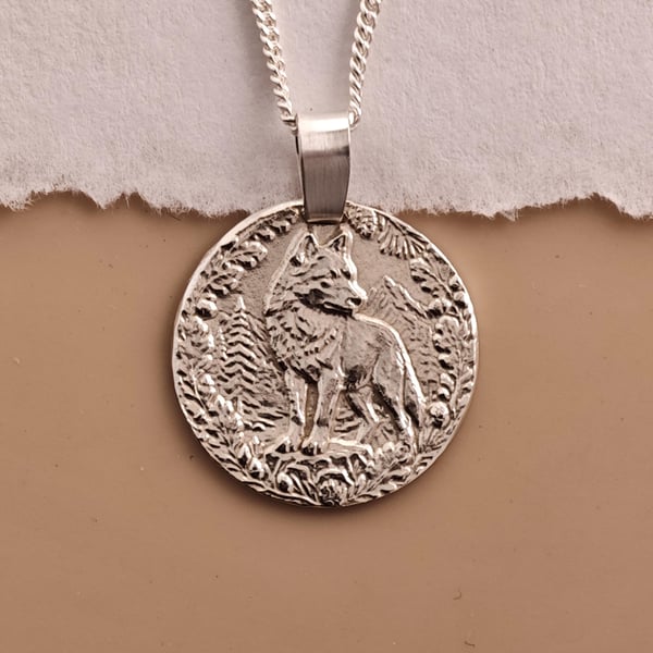Wolf Engraved Sterling Silver Coin Necklace
