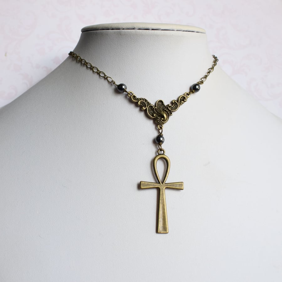 Bronze Ankh Necklace with Hematite Beads