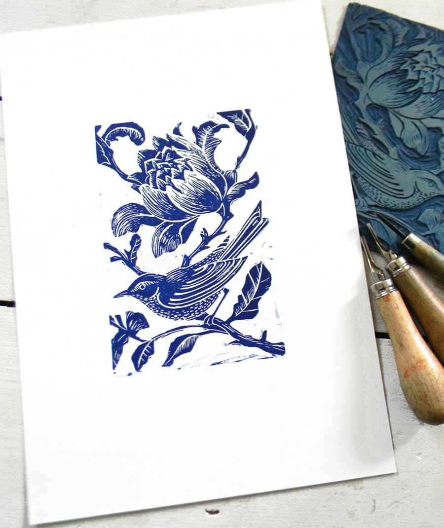  Blue Bird Original Hand Printed Linocut Print