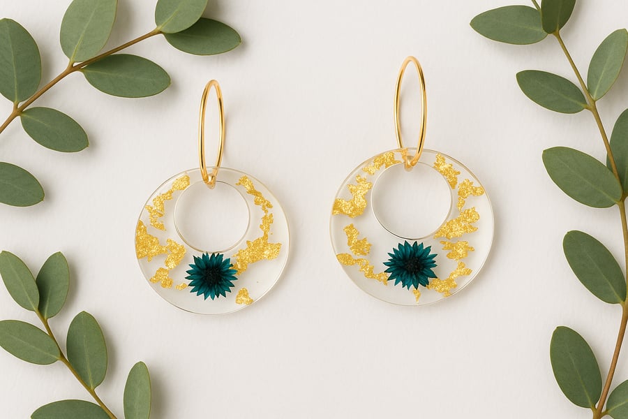 Donut Resin Flower Earrings – Blue Bloom & Gold Leaf Botanical Dangle Earrings 