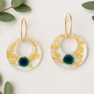 Donut Resin Flower Earrings – Blue Bloom & Gold Leaf Botanical Dangle Earrings 