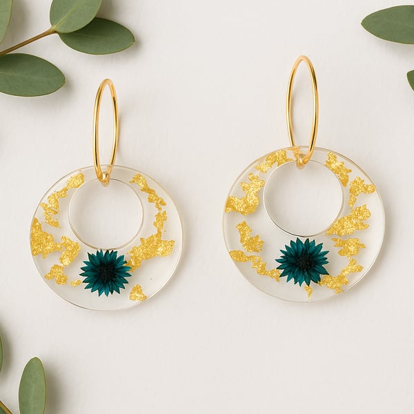 Donut Resin Flower Earrings – Blue Bloom & Gold Leaf Botanical Dangle Earrings 