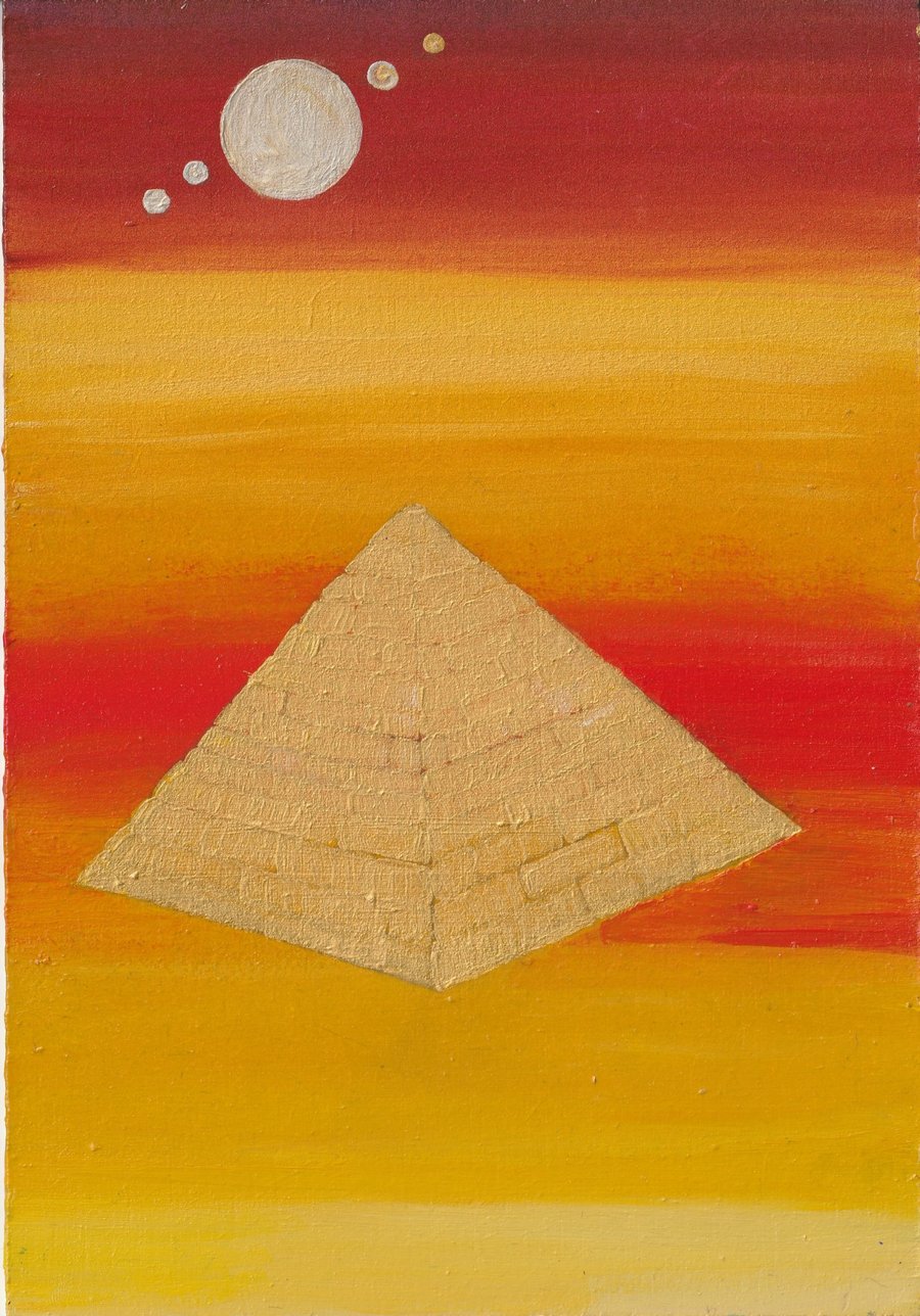 Golden Pyramid, small painting on wood. Wall hanging.