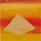 Golden Pyramid, small painting on wood. Wall hanging.