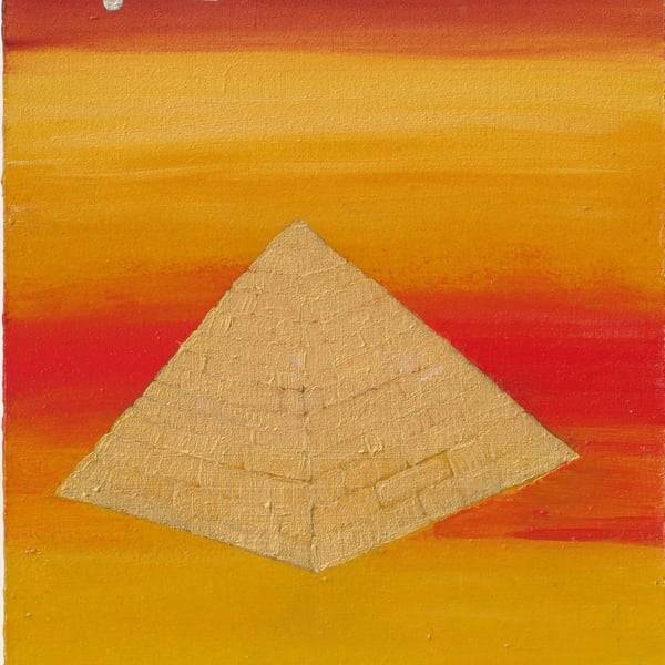 Golden Pyramid, small painting on wood. Wall hanging.