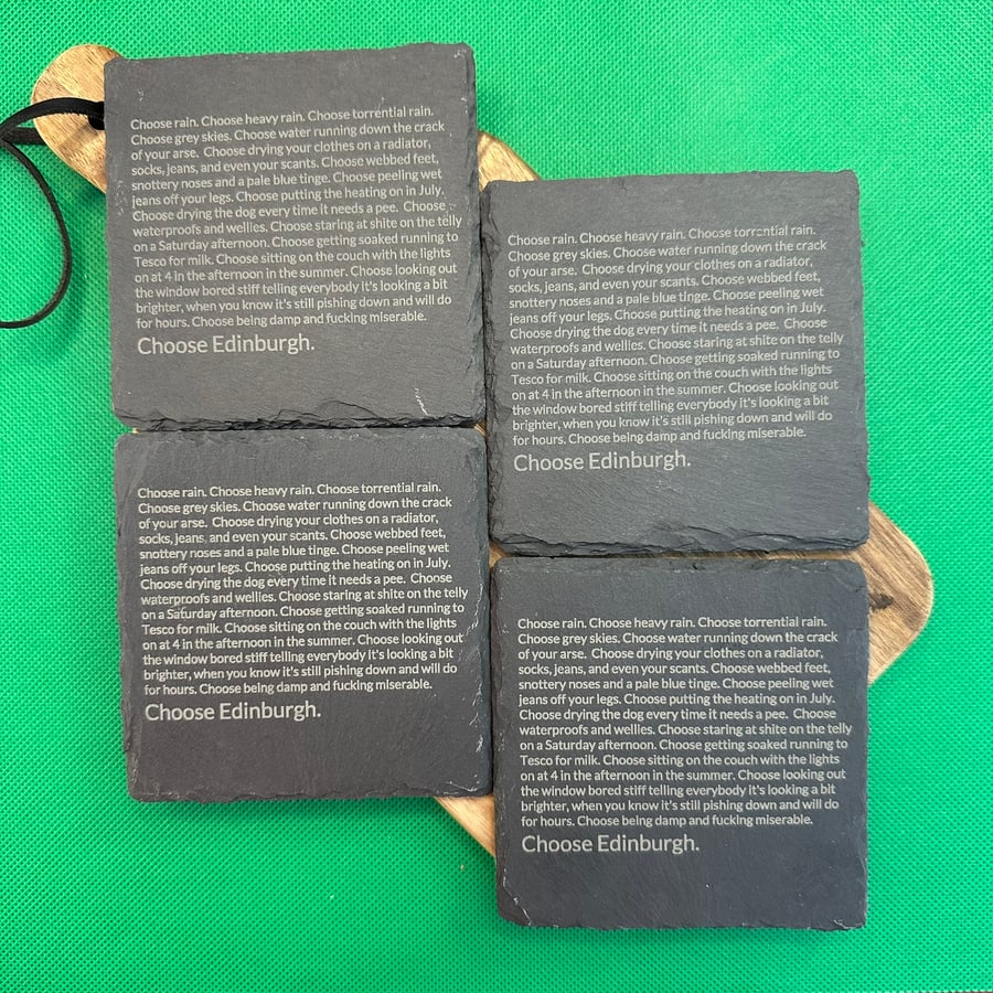 Funny slate coasters with a rant about the weather in Edinburgh