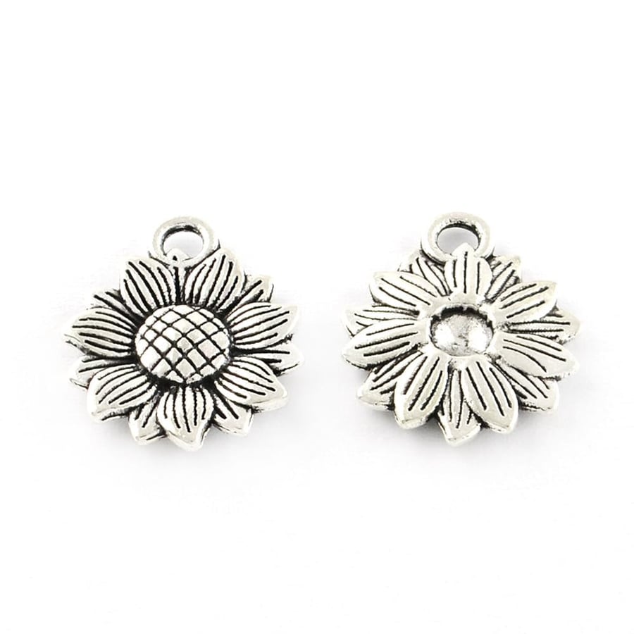 Tibetan Silver Sunflower Charms - Antique Silver, 15.5mm x 18mm - Pack of 30x - 